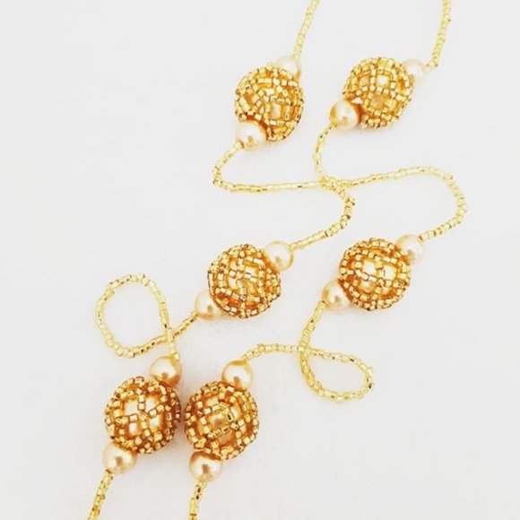 Gold Long Beaded Necklace Faux Pearl Seed Bead NEW - Picture 4 of 6